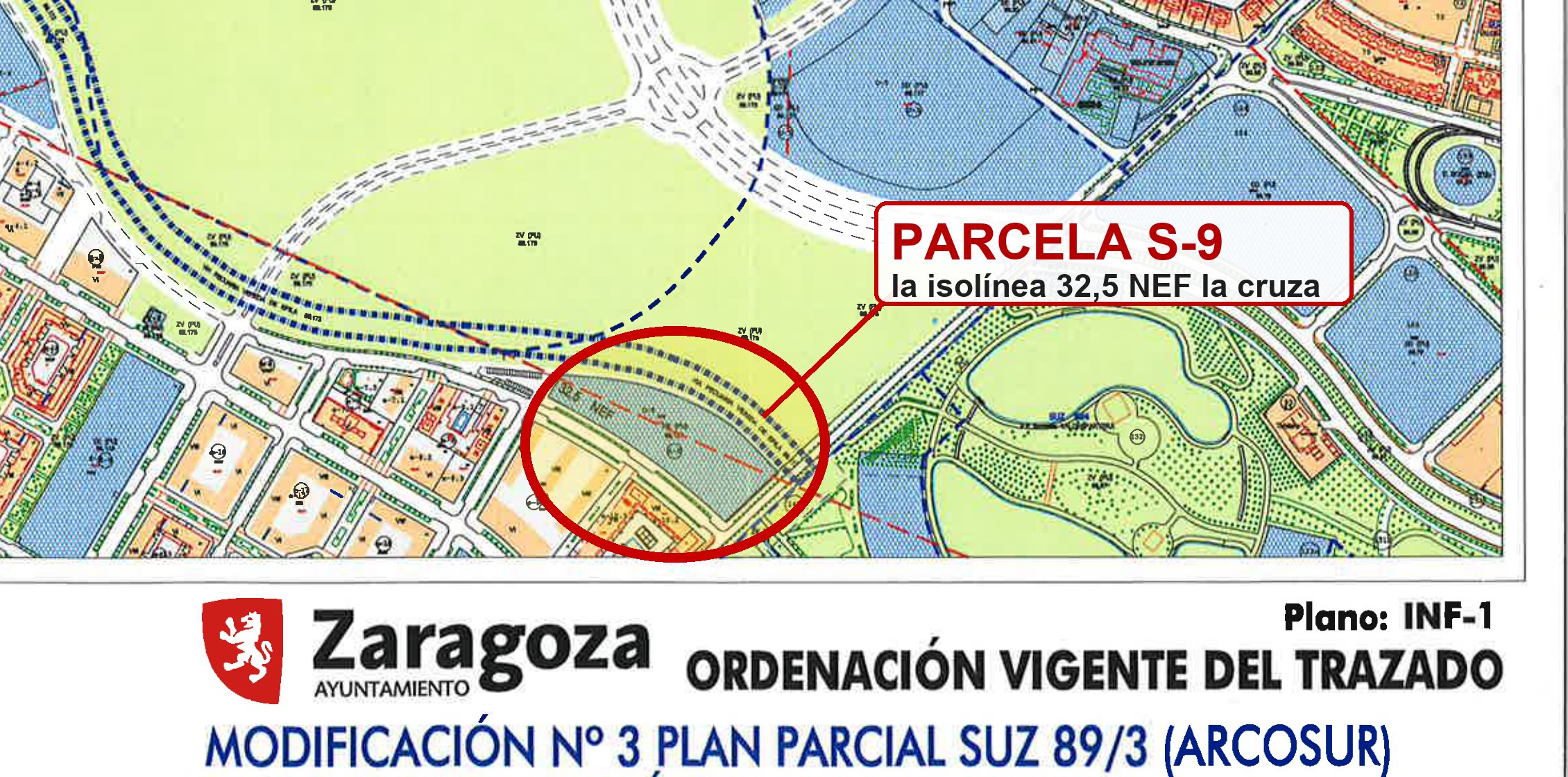 Ampliación de la parcela S-9 con la isolínea 32,50 NEF cruzándola.