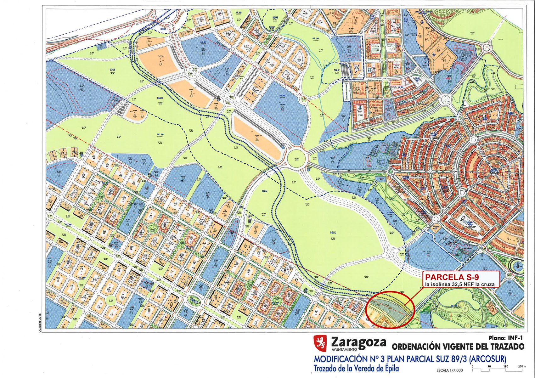 Plano oficial INF-1 del Plan Parcial de Arcosur: la isolínea 32,50 NEF, en línea roja discontinua, cruza la parcela S-9.