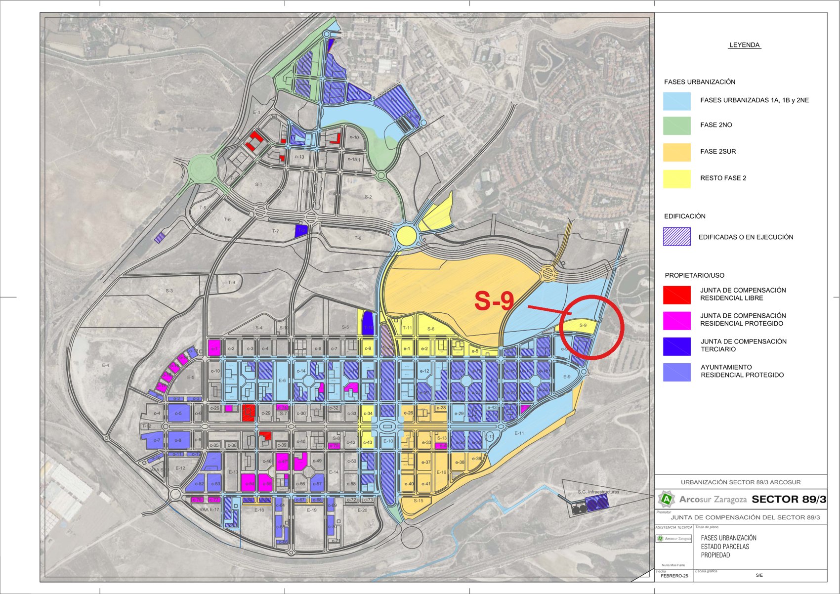 Plano oficial del Sector 89/3 con la S-9 marcada; en azul lo ya urbanizado, en amarillo/naranja/verde las fases futuras sin urbanizar